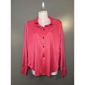 Vintage Pink Button Down Shirt Womens Large Long Sleeve Black Polka Dot Retro